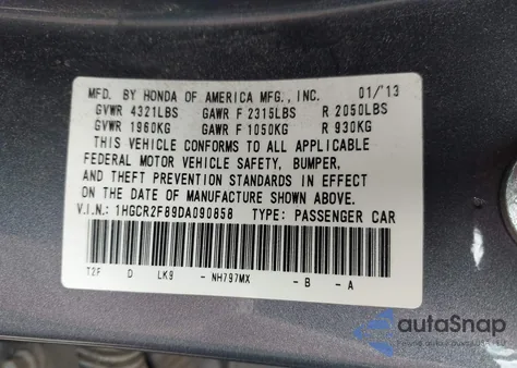 2013 Honda Accord Sdn Ex-L from USA, damaged, VIN 1HGCR2F89DA090858